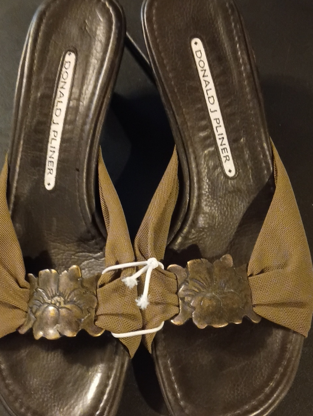 Donald J. Pliner Brown Floral Bow Slide Sandals with Bronze Accents